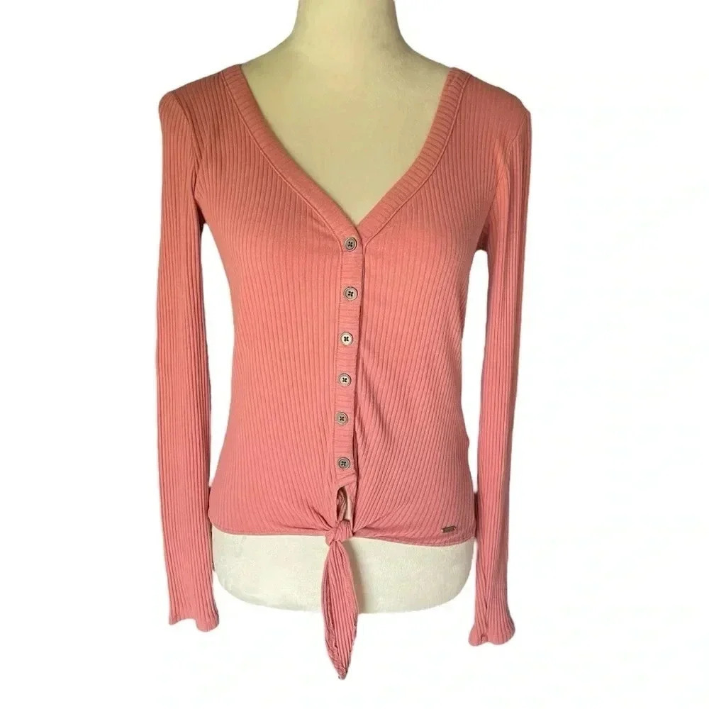 Hollister Women Top Y2K Button Up Pink Long Sleeve Tee Cotton Blend Shirt Sz‎ S